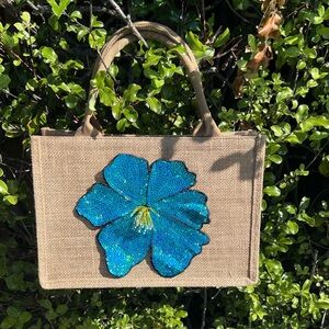 Tan Tote Bag with Blue Sequin Flower